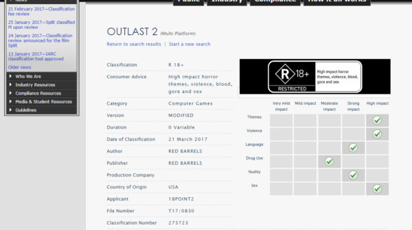 Outlast 2 — Ratings Board